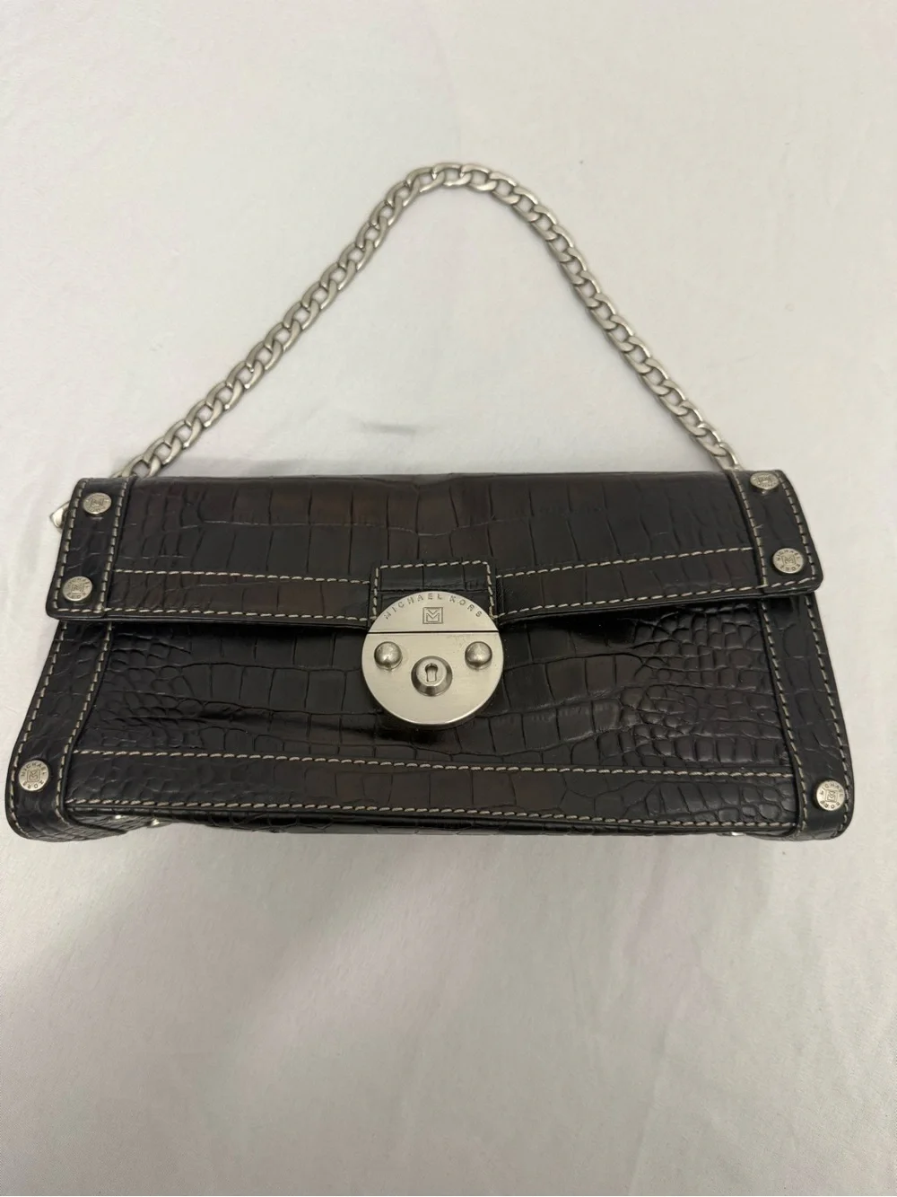 Michael Kors Black Croc-Embossed Wristlet Clutch with Contrast Stitching